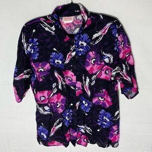 Vintage Mariposa Pink Purple Black Floral Print Short Sleeve Button Up Blouse S